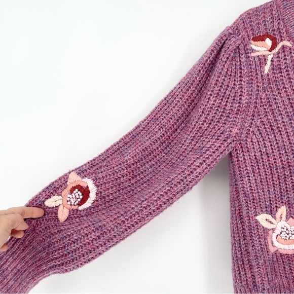 NWT LoveShackFancy Chunky Ridge Sweater with Floral Embroidery in Berry Size SM - Picture 12 of 15
